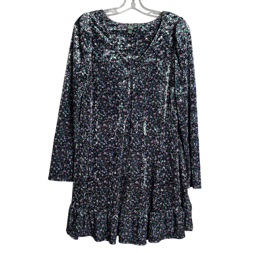 Wild‎ Fable Dress Womens M Midnight Floral Velvet Mini Puff Sleeve Ruffle